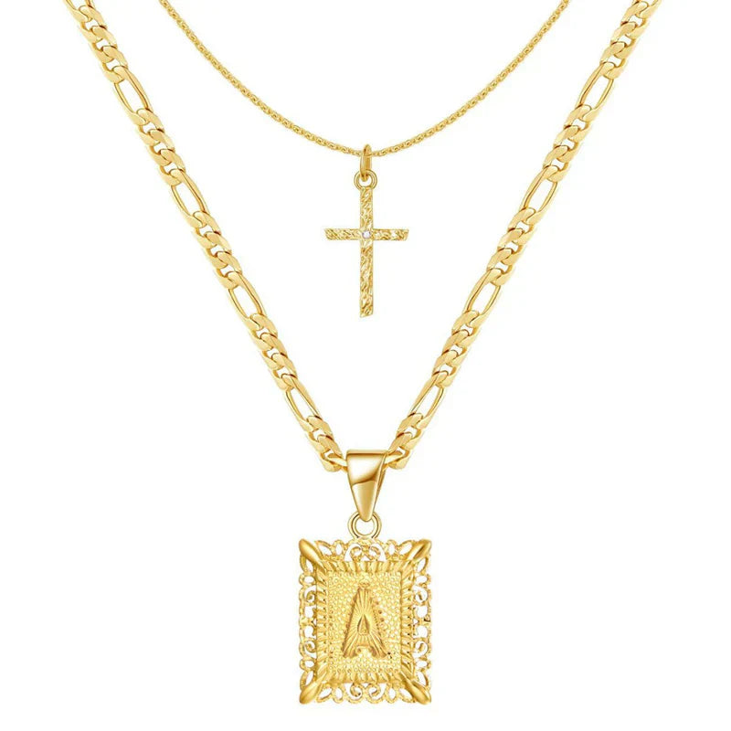 Cross Initial Necklace Set | Gold