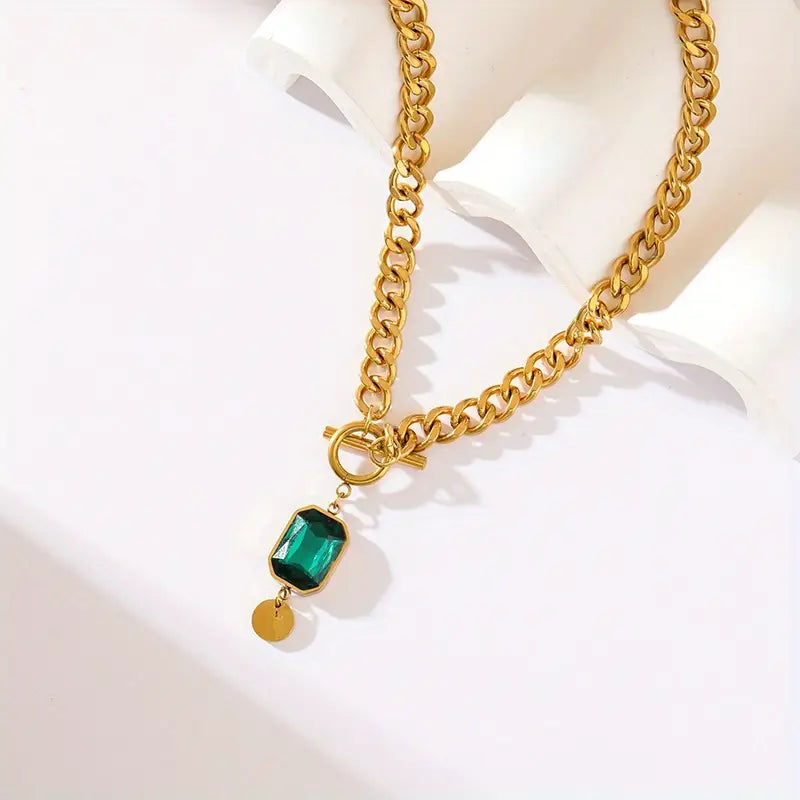 Chunky Chain Emerald Pendant Necklace | Gold